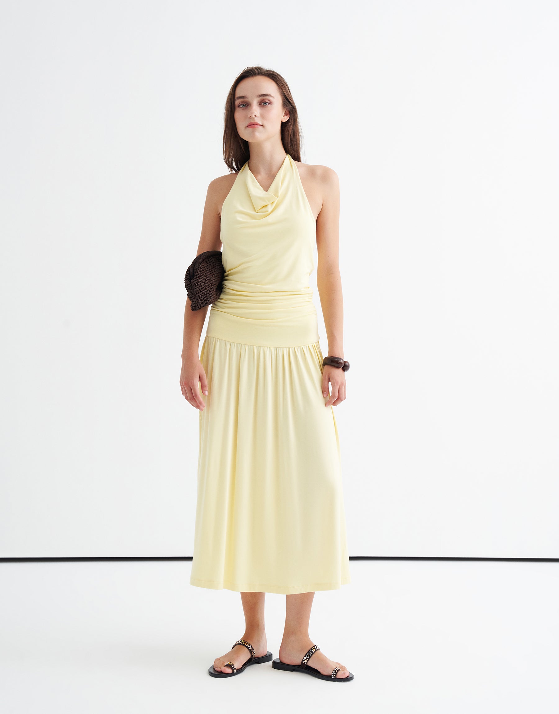 Drape Halter Yaka Elbise Tereyağı Sarısı